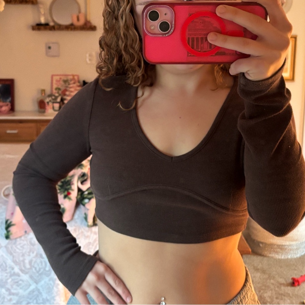 Garage Dark Brown Long Sleeve Crop Top